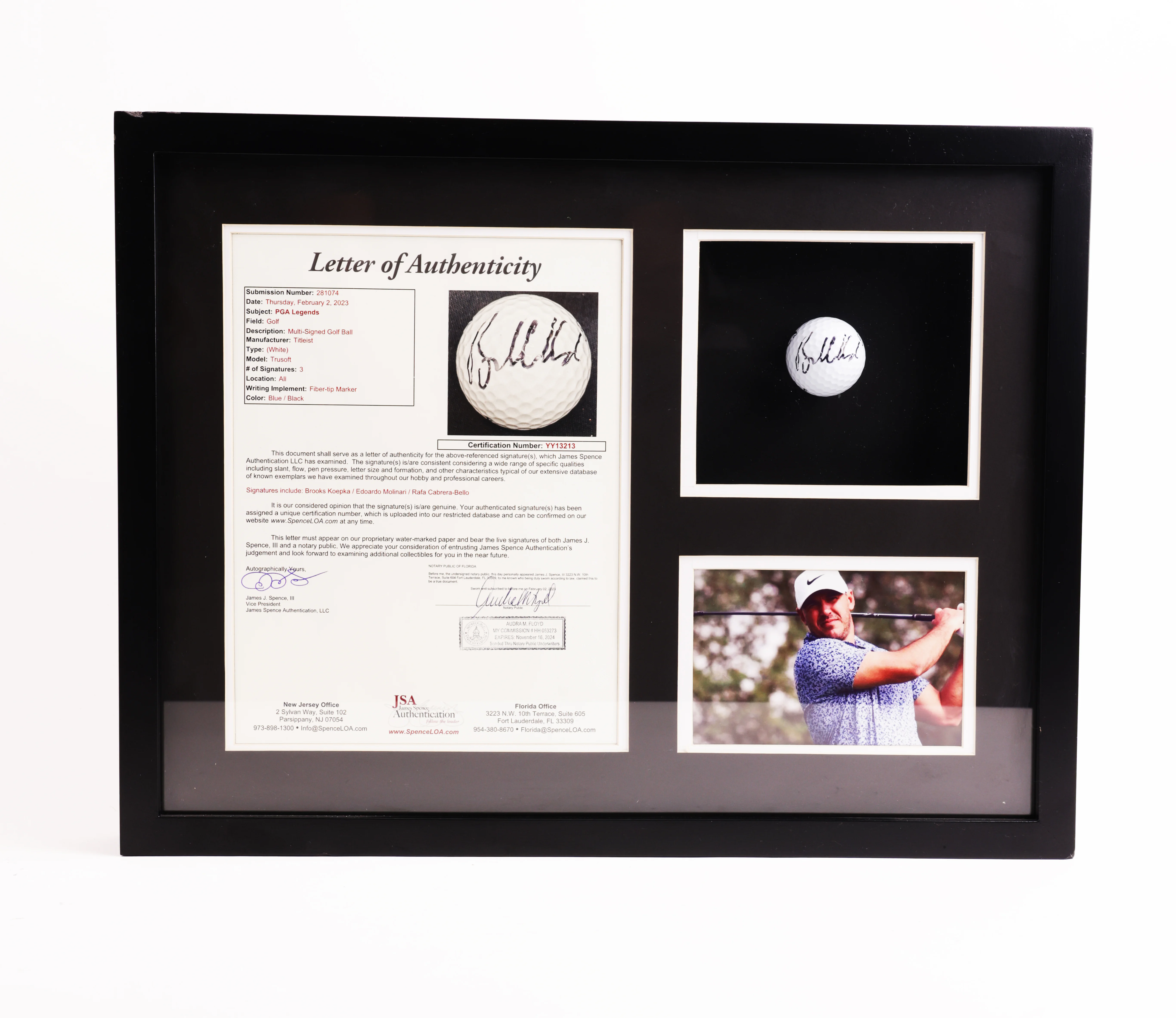 Pelota Koepka/ Molinari/ Cabrera Bello Masters, Bola Blanca Titleist, Enmarcada